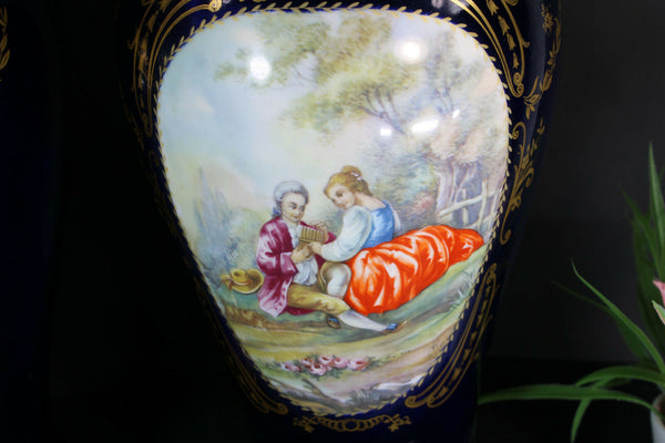 PAIR French limoges cobalt porcelain Vases romantic victorian scenes