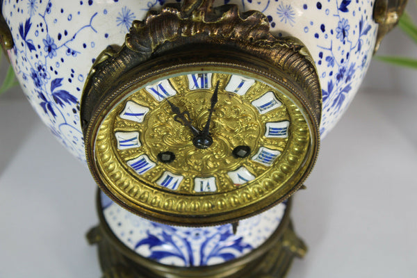 Antique Belgian Boch pottery Delft decor caryatid head bird clock