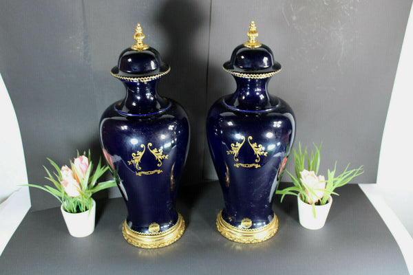 PAIR French limoges cobalt porcelain Vases romantic victorian scenes