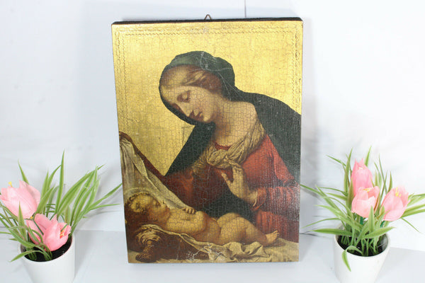 Vintage religious wood carved madonna child icon