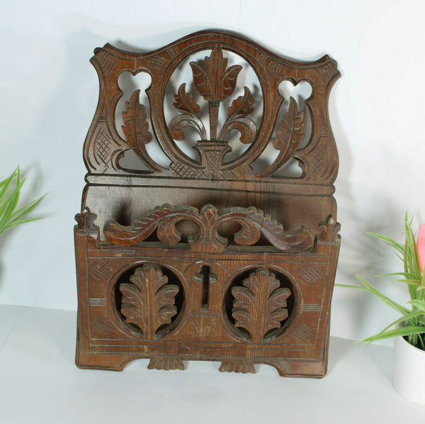 Antique French wood carved wall letter holder floral decor