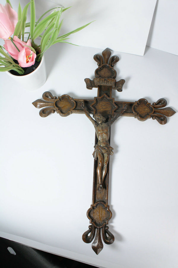 Antique 19thc neo gothic wood carved crucifix cross religious rare