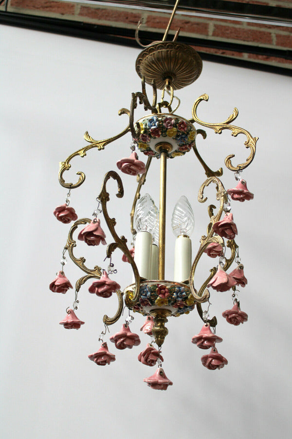 Vintage French porcelain roses flowers chandelier lamp 1970