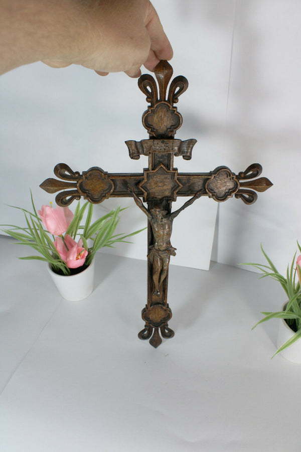 Antique 19thc neo gothic wood carved crucifix cross religious rare