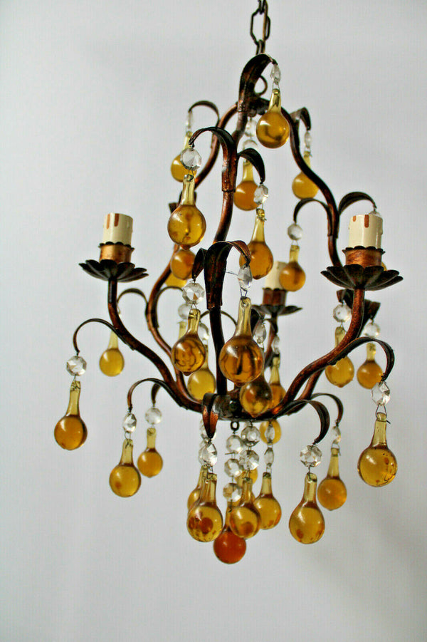 Italian vintage Murano glass amber drops 3 arm chandelier lamp 1970