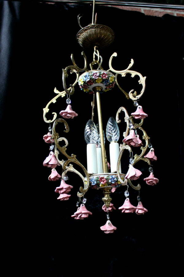 Vintage French porcelain roses flowers chandelier lamp 1970