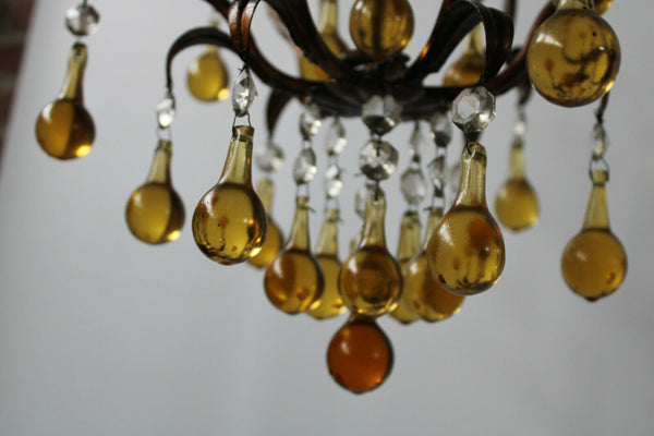 Italian vintage Murano glass amber drops 3 arm chandelier lamp 1970