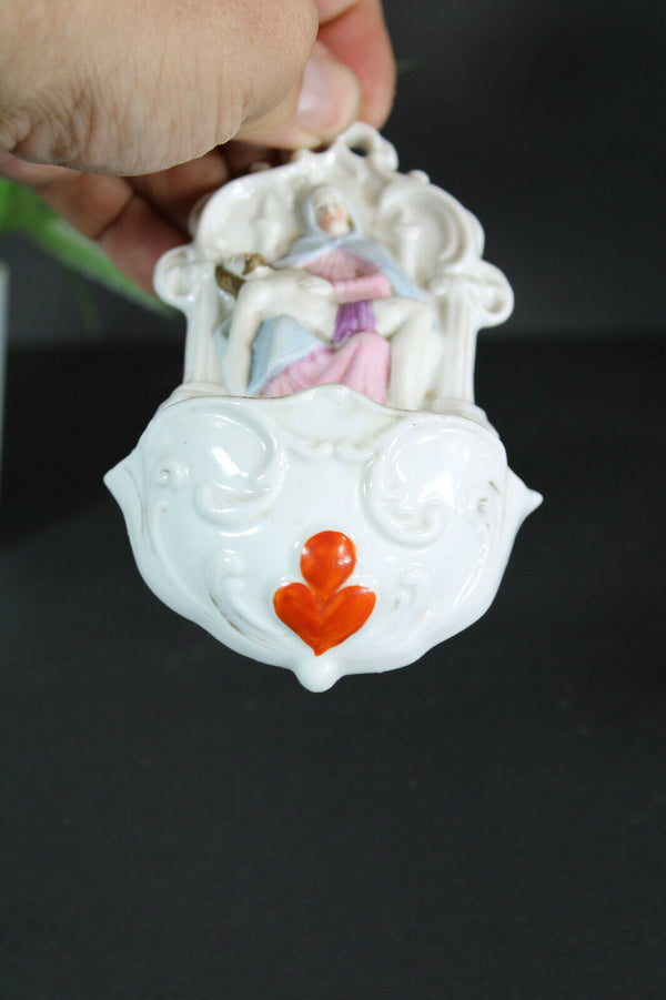 Antique small 19thc vieux paris porcelain holy water font pieta religious