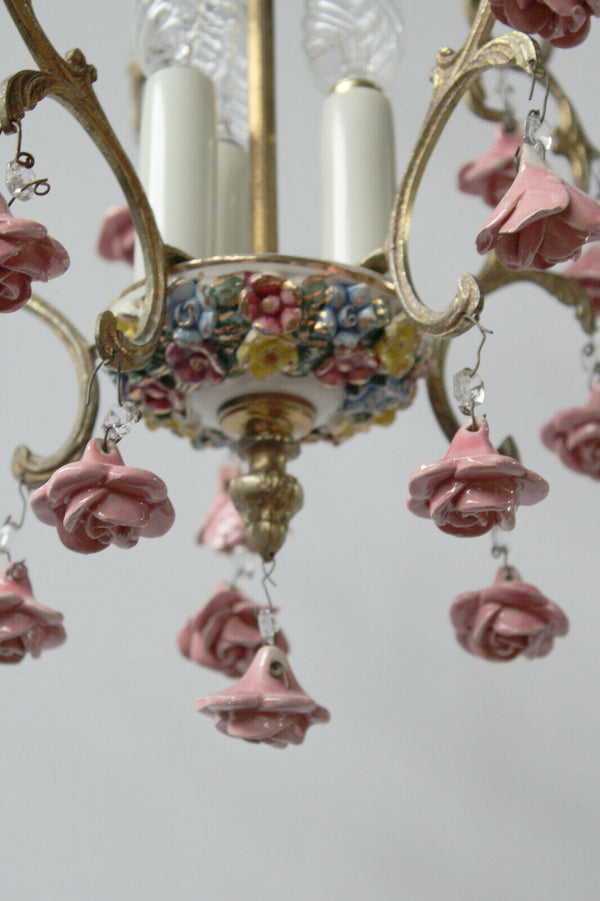 Vintage French porcelain roses flowers chandelier lamp 1970