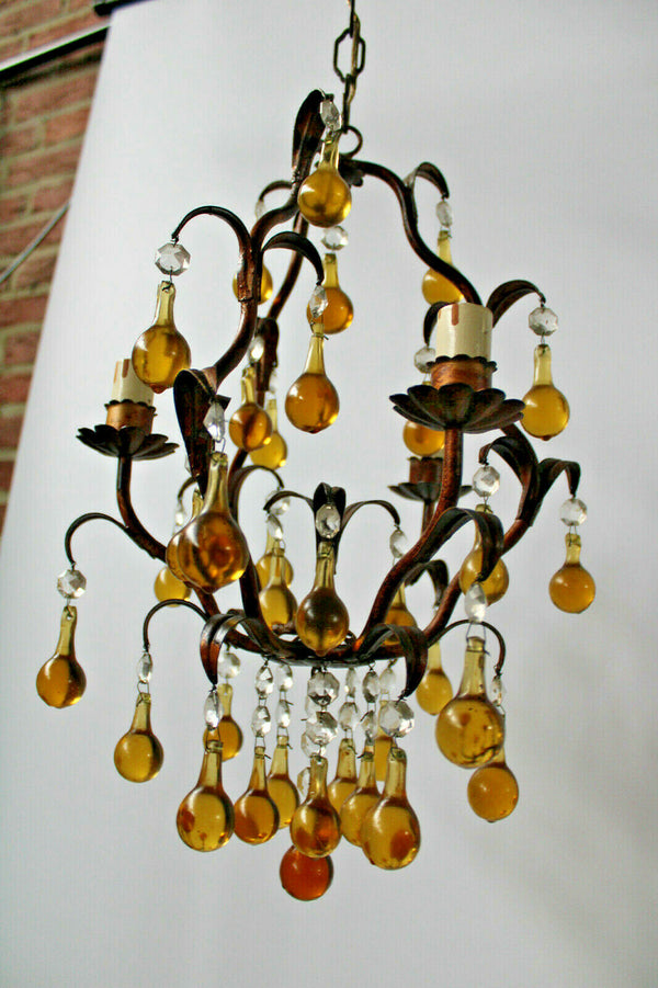 Italian vintage Murano glass amber drops 3 arm chandelier lamp 1970