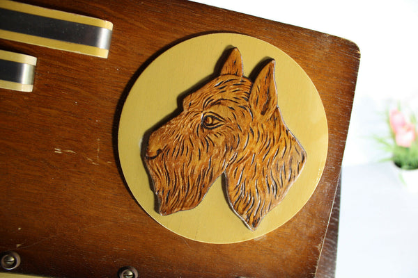 French art deco wood carved wall letter holder dog portrait