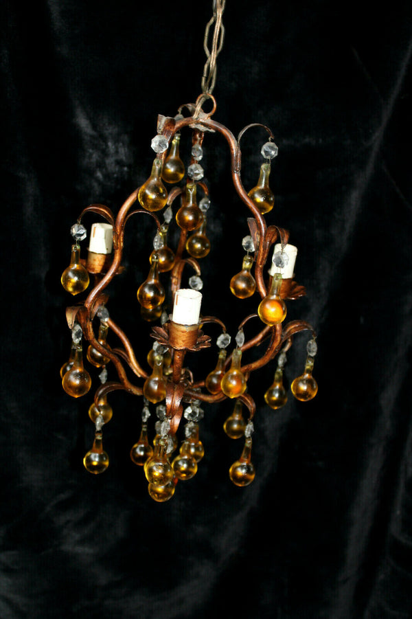 Italian vintage Murano glass amber drops 3 arm chandelier lamp 1970