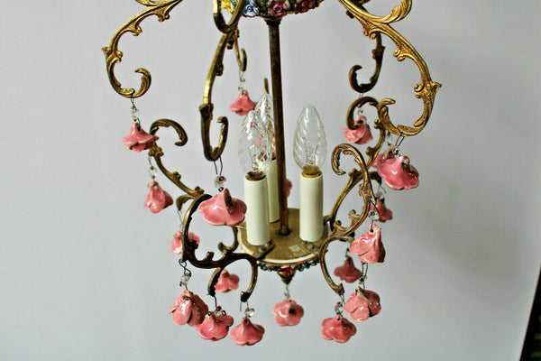 Vintage French porcelain roses flowers chandelier lamp 1970