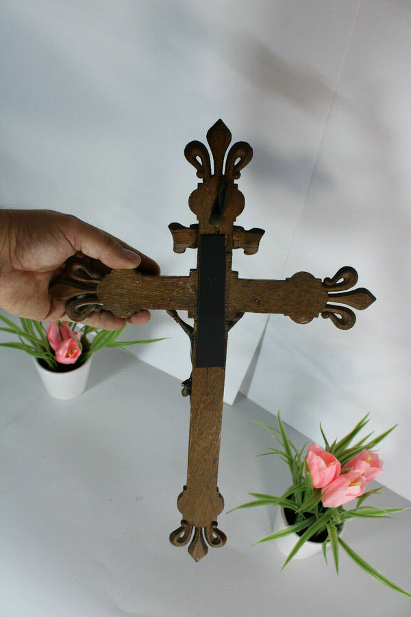 Antique 19thc neo gothic wood carved crucifix cross religious rare