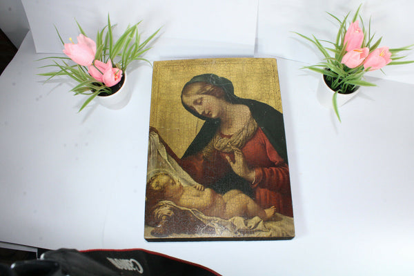 Vintage religious wood carved madonna child icon