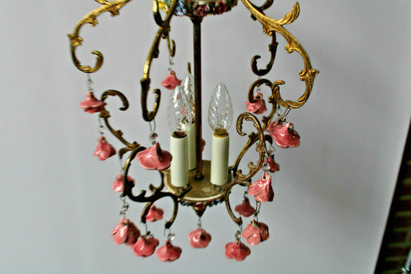 Vintage French porcelain roses flowers chandelier lamp 1970