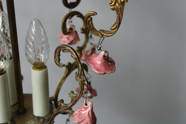 Vintage French porcelain roses flowers chandelier lamp 1970