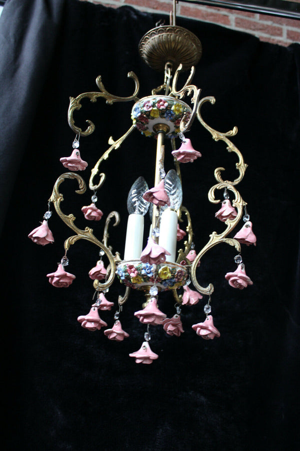 Vintage French porcelain roses flowers chandelier lamp 1970