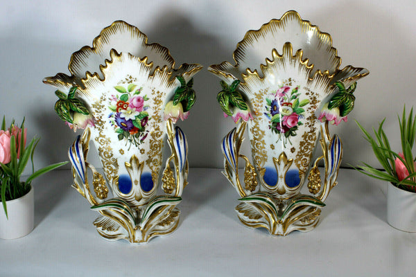 Antique pair french vieux paris porcelain hand paint floral Vases 1900