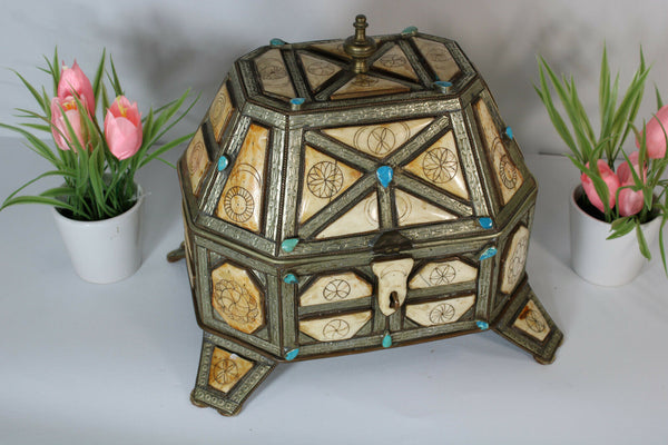 Vintage Moroccan Jewelry box inlaid turquoise gem stones 1960s