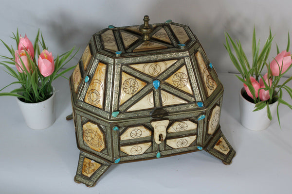 Vintage Moroccan Jewelry box inlaid turquoise gem stones 1960s