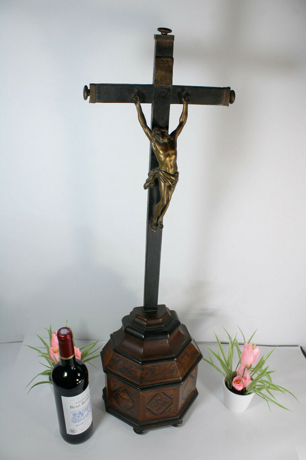 ANTIQUE XL French 18thc Wood carved inlay crucifix bronze christ religious altar