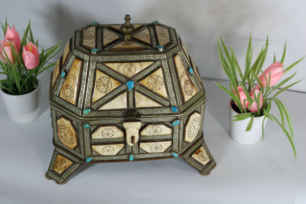 Vintage Moroccan Jewelry box inlaid turquoise gem stones 1960s