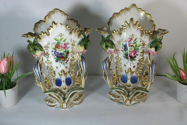 Antique pair french vieux paris porcelain hand paint floral Vases 1900