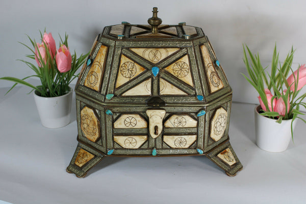 Vintage Moroccan Jewelry box inlaid turquoise gem stones 1960s