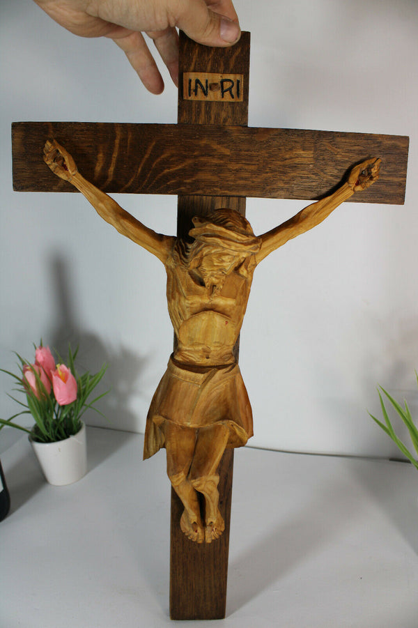 Vintage french 1950 wood carved crucifix cross religious