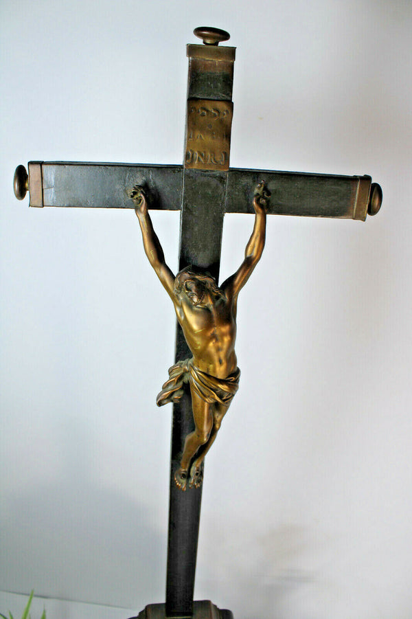 ANTIQUE XL French 18thc Wood carved inlay crucifix bronze christ religious altar