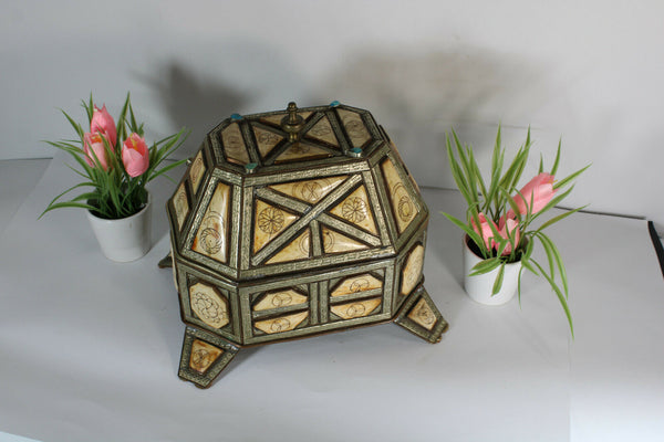 Vintage Moroccan Jewelry box inlaid turquoise gem stones 1960s