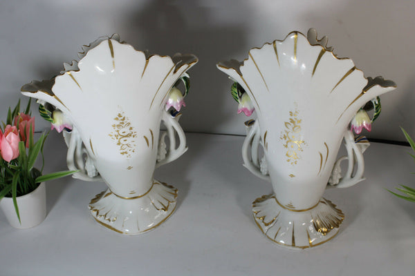 Antique pair french vieux paris porcelain hand paint floral Vases 1900