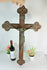 Antique  XL french wood carved cross metal christ religious