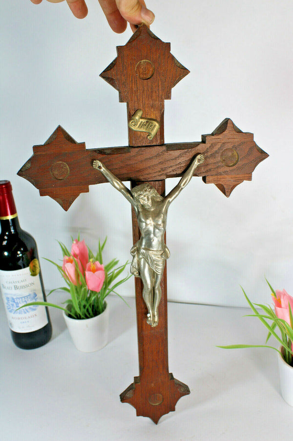 Antique french wood carved crucifix  cross religious