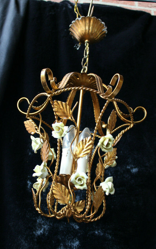 Vintage italian mid century cage metal gold gilt porcelain flowers chandelier