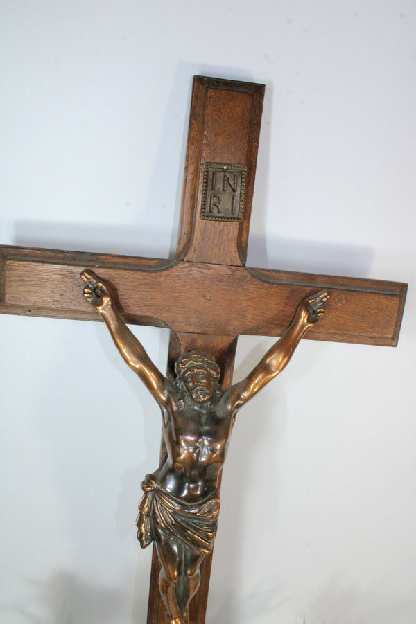 Antique  XL french wood carved cross metal copper christ religious