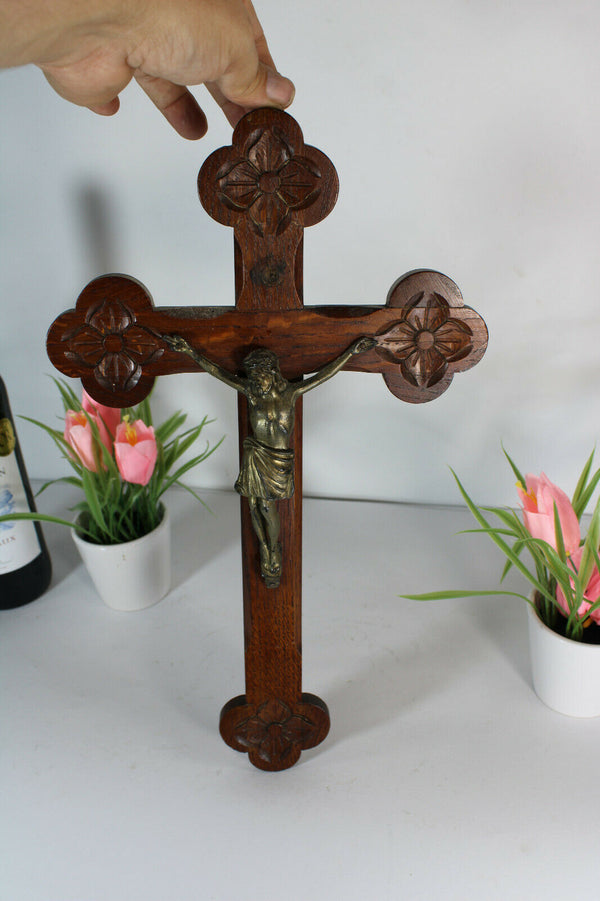 Antique french wood carved crucifix  cross religious