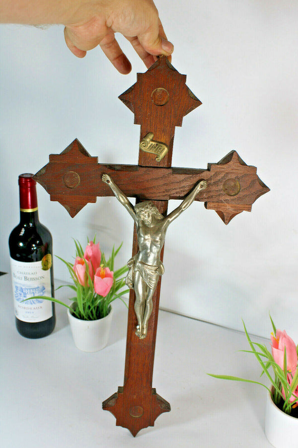 Antique french wood carved crucifix  cross religious