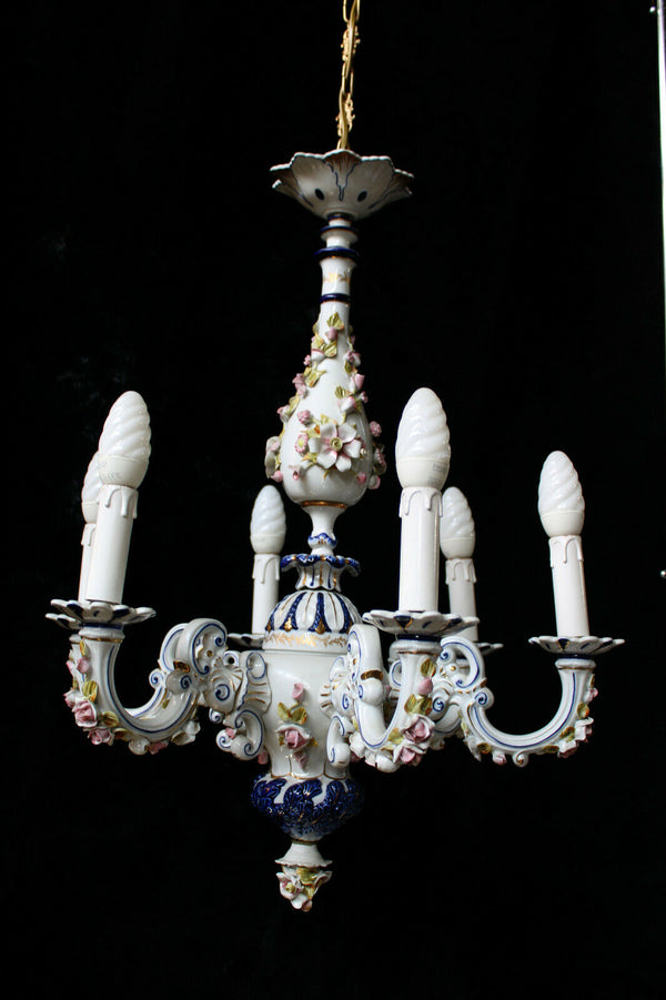 Capodimonte italian porcelain marked 6 arms chandelier floral decor