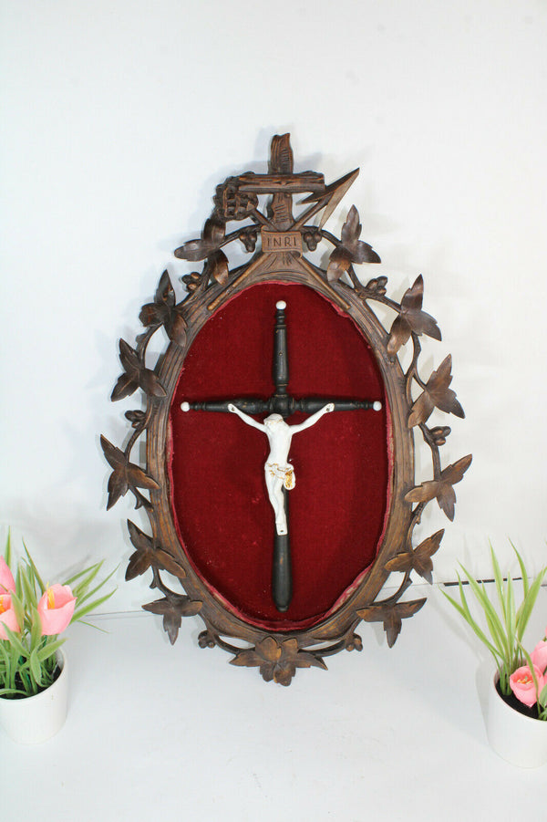 Antique Black forest wood carved Wall frame religious crucifix porcelain