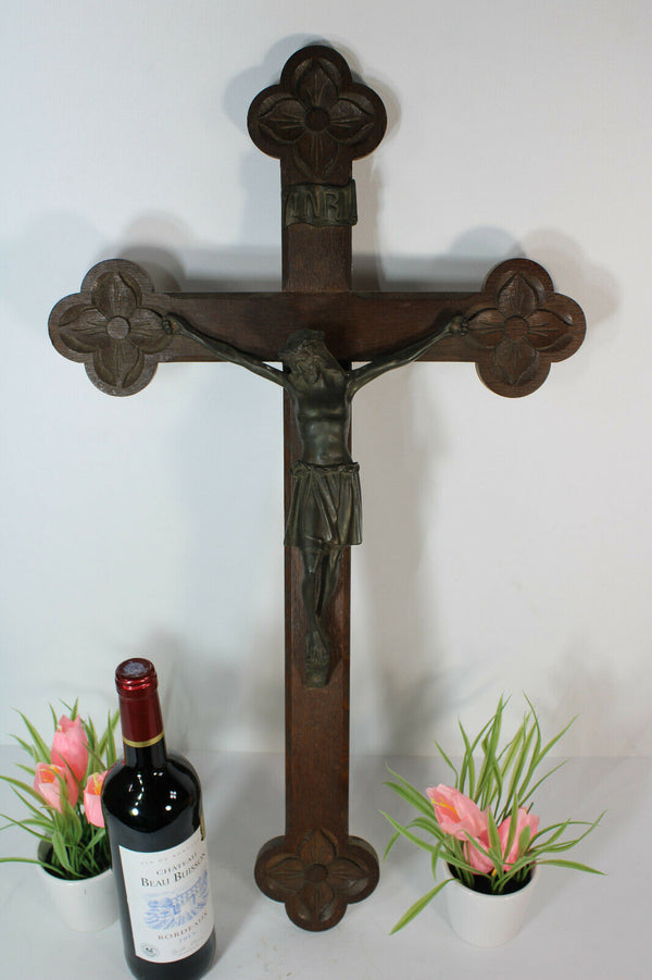 Antique  XL french wood carved cross metal christ religious