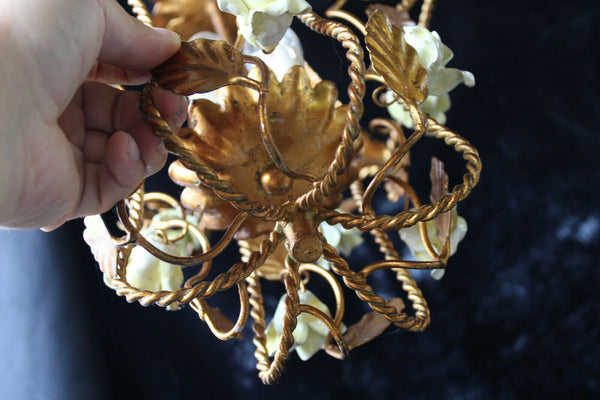 Vintage italian mid century cage metal gold gilt porcelain flowers chandelier
