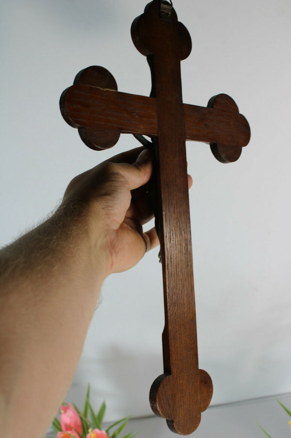 Antique french wood carved crucifix  cross religious
