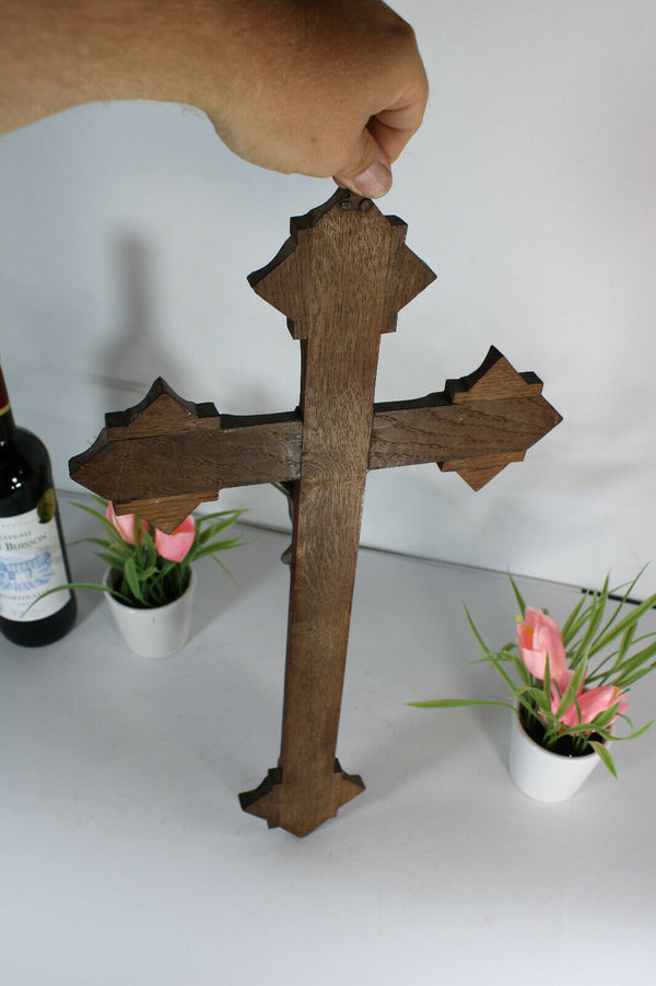 Antique french wood carved crucifix  cross religious