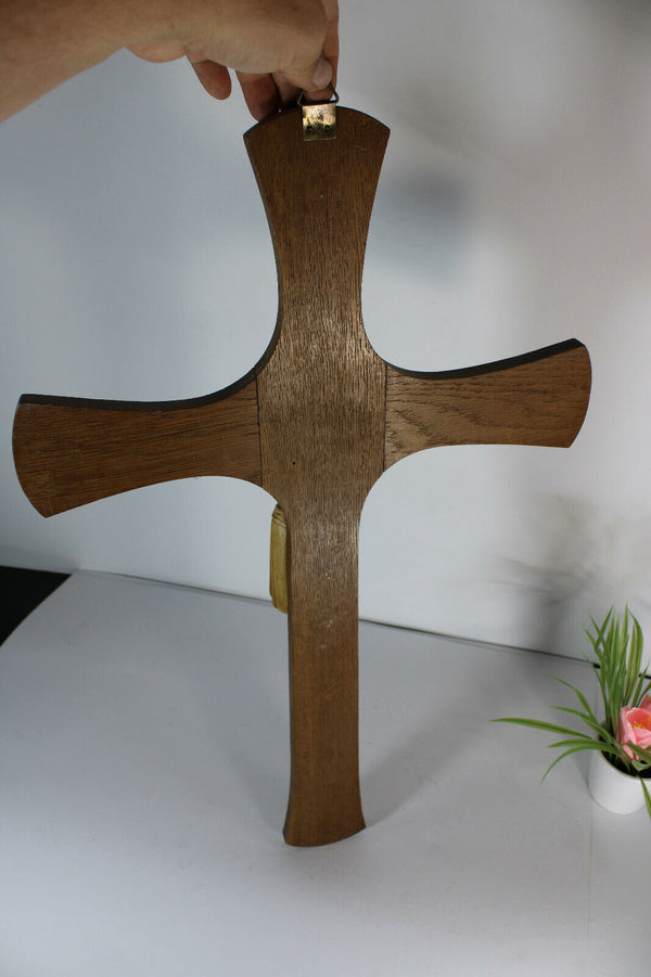 Antique  XL french wood carved cross chalkware christ signed