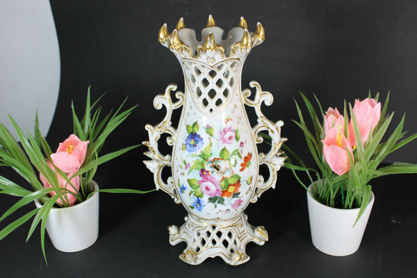 Antique french vieux paris porcelain vase hand paint  floral decor