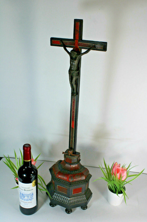 Antique 1800s napoleon III Wood inlay XL crucifix cross religious