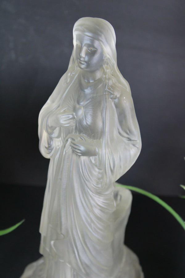 Rare Vintage french madonna figurine statue in glass candle holder