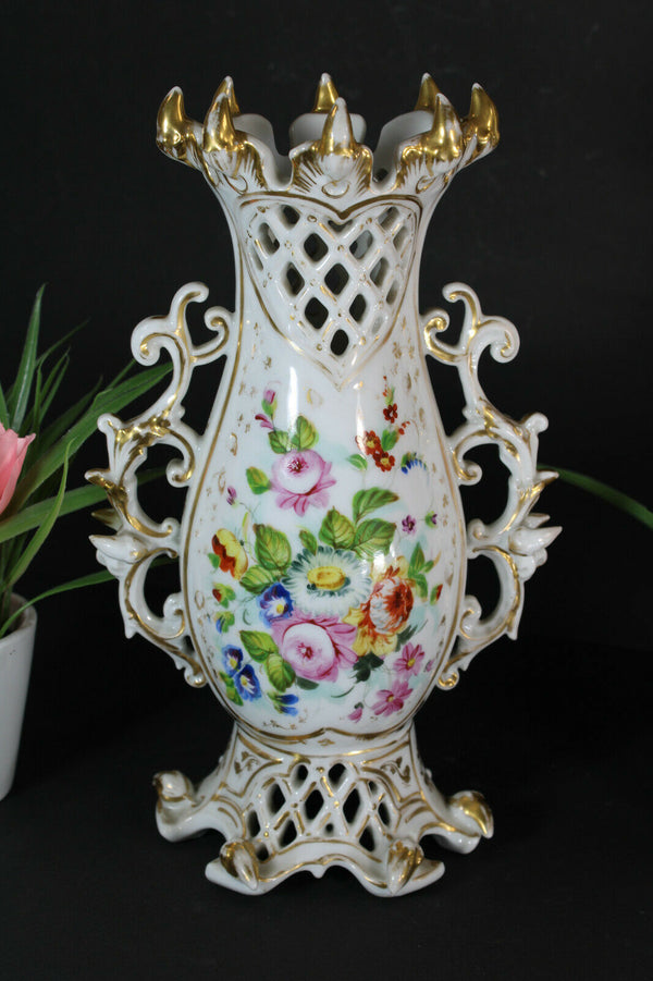 Antique french vieux paris porcelain vase hand paint  floral decor